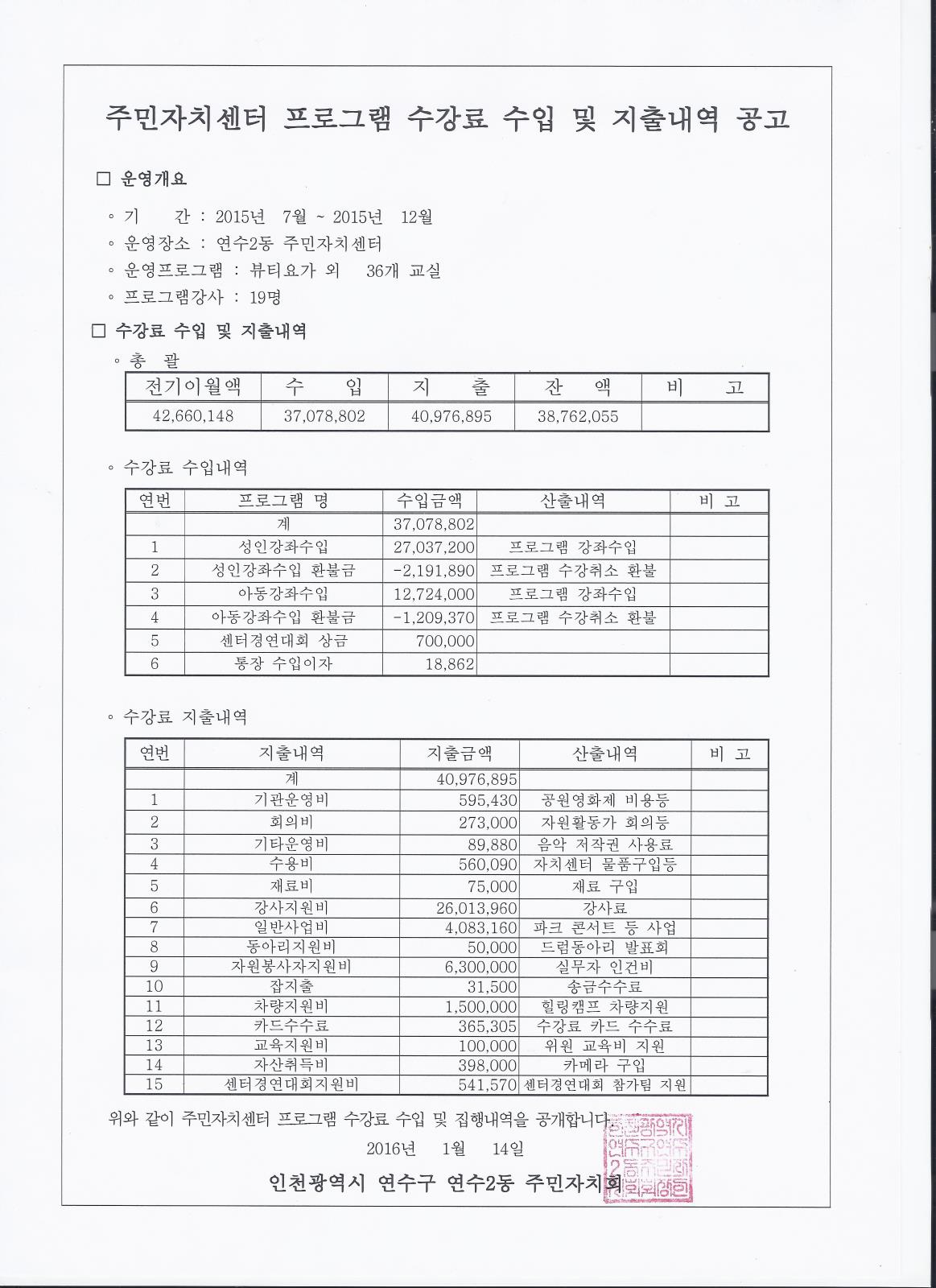 2015년도 주민자치센터 수강료 수입 및 지출내역 공고의 번째 이미지